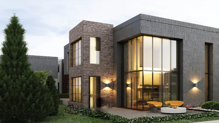 Geniş cam cepheli, siyah doğramalı modern ev